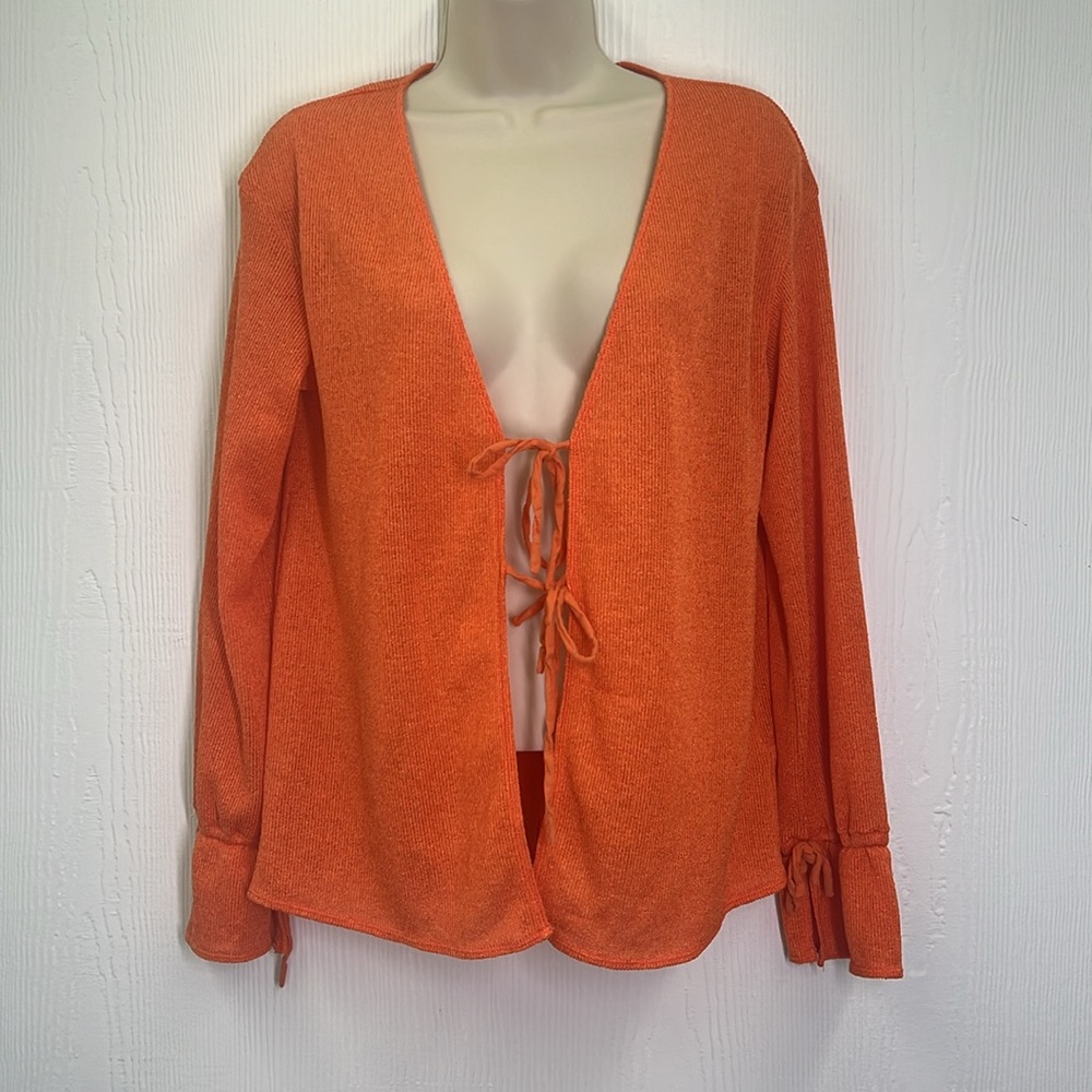 Free People - Hello Hacci Bright Orange Knit Oversized Cardigan Size Medium - Picture 2 of 13